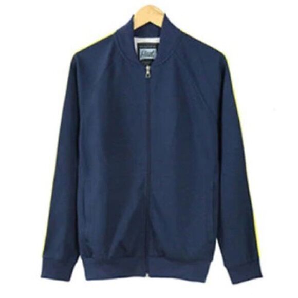 BEAUTIFUL GIANT FULL ZIP UP NAVY BLUE YELLOW STRIPE KNIT WARM UP JACKET XL - Picture 1 of 8